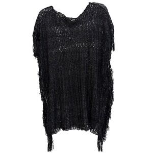 Kendall & James Women Metallic Black Fringe Swim Cover Up Poncho Beach Pool NWT